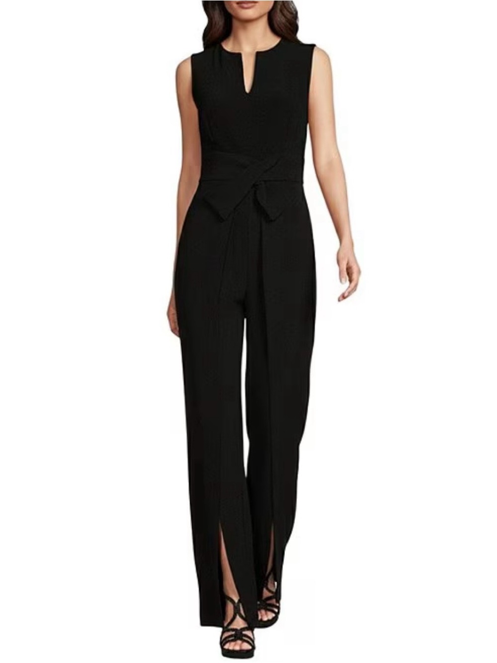 Alex Marie Black Sleeveless Tie-Waist Jumpsuit with Front Slits